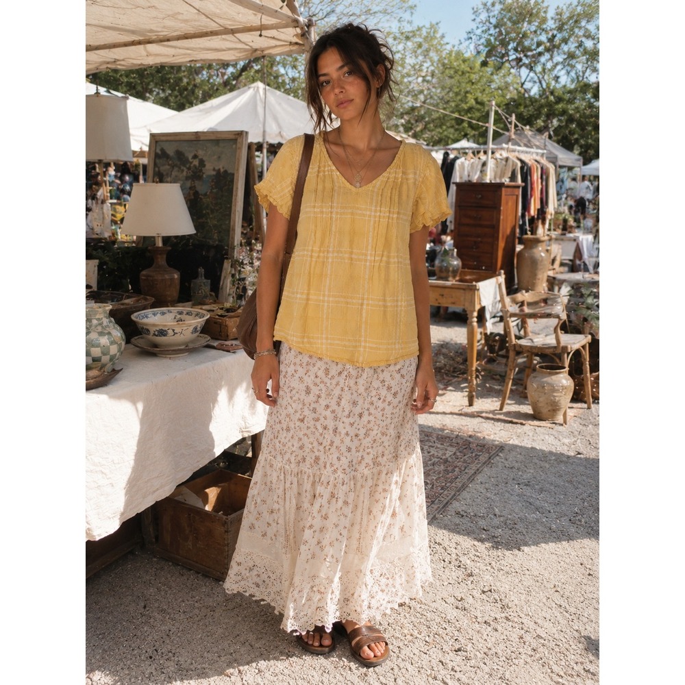 Style & Co. Yellow Plaid V-Neck Short Sleeve Blouse